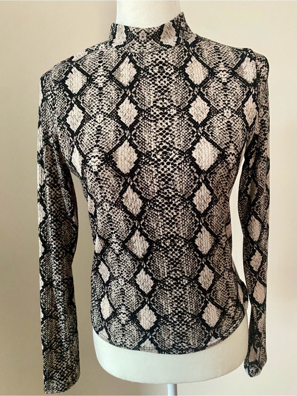 Caution to the Wind Snakeskin Mock Neck Long Sleeve Top Black Cream